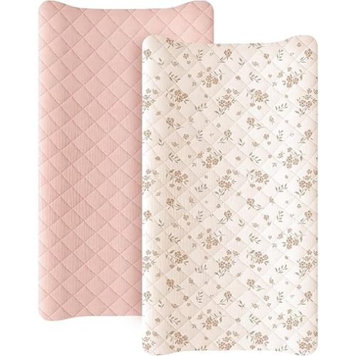 Konssy Waterproof Muslin Changing Pad Cover 2 Pack, Quilted Cotton Fitted Diaper Chang Table Cover, Soft Changing Pad Sheets for Girls Boys (Blossom,Pink)