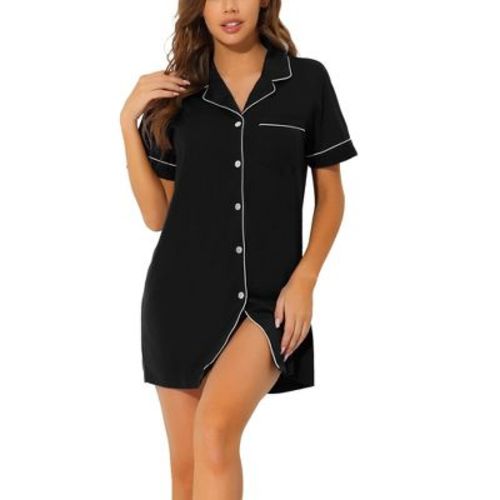 cheibear Women's Notched Collar Thigh Length Button Down Pajama Shirt Dress with Pocket Large Black