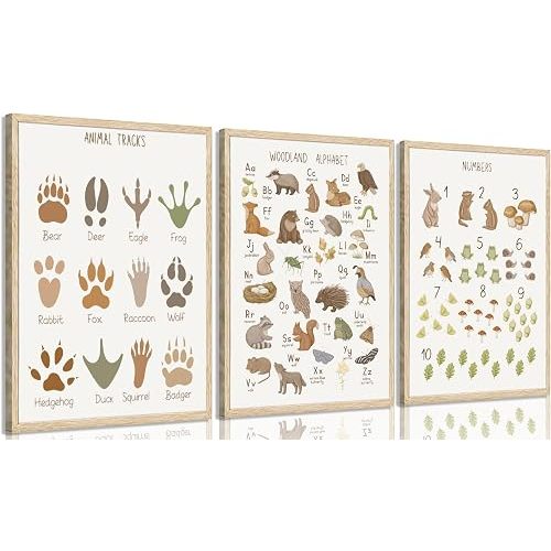 3PCS Animals Tracks Canvas Wall Art ABC Alphabet Numbers Educational Posters Print Artwork Nursery Toddler Learning Painting Pictures Wall Decor for Classroom Kids Home Decoration 16x24in Unframed
