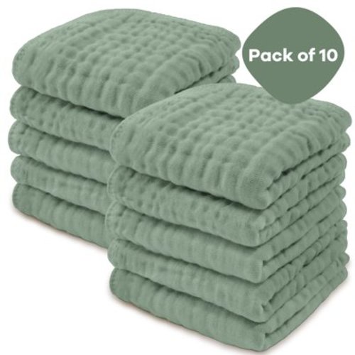 Comfy Cubs Baby Washcloths, Muslin Cotton Baby Towels, Large 10”x10” Wash Cloths (Fern, Pack of 10)