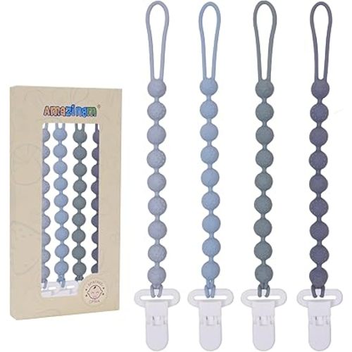 One Piece Design Silicone Pacifier Clip Holder,Pack of 4 Flexible Paci Leash,Binky Clips with Textures for Baby Boys and Girls,Newborn Essential (Gray)