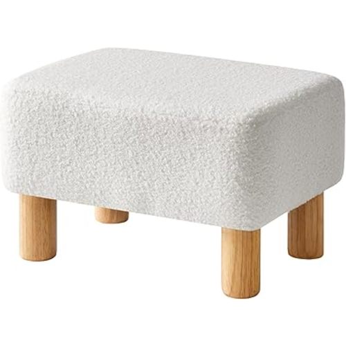 YMYNY Ottoman, Modern Footrest with Soft Padded Seat, Teddy Velvet Foot Stool with Wood Legs, Small Square Pouf Under Desk for Living Room Bedroom Office 15.74" D×11.41" W×9.84" H White UHBD030W