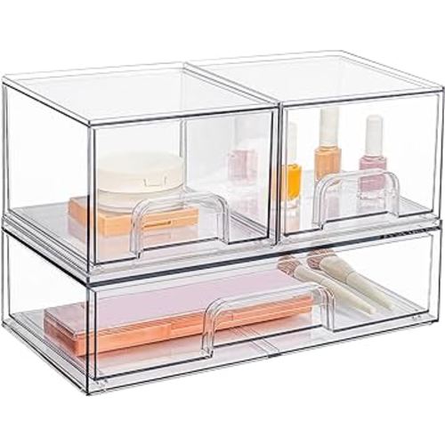 Vtopmart Stackable Storage Drawers Set of 3, 12" Wide and 4.4'' Tall Clear Plastic Organizer Bins for Makeup, Cosmetics, Beauty Supplies,Ideal for Vanity, Bathroom,Cabinet,Pantry Organization