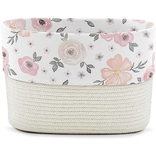 Sweet Jojo Designs Blush Pink Grey Boho Floral Girl Woven Storage Basket Decorative Cotton Rope Lined Bin Baby Nursery Kids Bedroom Toy Closet Shelf Organizer Bohemian Farmhouse Shabby Chic Watercolor
