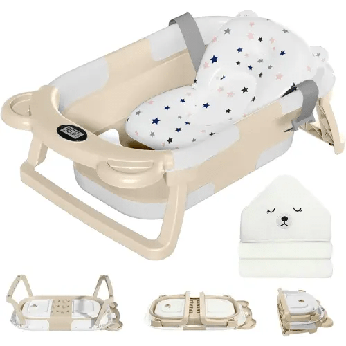 Collapsible Baby Bathtub for Newborn with Thermometer & 1 Hooded Towel & 1 Soft Floating Cushion,Portable Travel Bathtub with Drain Hole, Durable Foldable Baby Tubs for Infants to Toddler