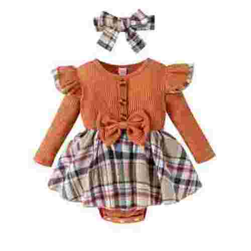 Wassery Baby Girls 2Pcs Autumn Clothes 3 6 12 18 Months Infant Girls Long Sleeve Ruffle Plaid Patchwork Romper Dress + Headband Set 0-18M Newborn Girl Fall Clothing