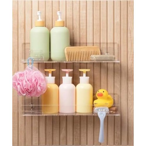 Acrylic Shower Shelves 2 Pack - Clear Acrylic Shelves for Bathroom, Shower, Living Room-Space-Saving Floating Shower Shelves for Inside Shower - No Drill Wall-Mounted, Strong Adhesive Shower Shelves
