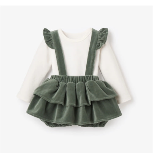 Green Velvet Jumper Skirt Set – Elegant Baby