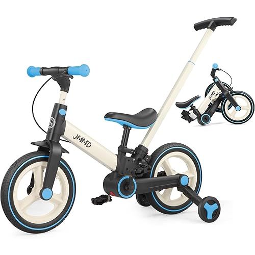 JMMD 6 in 1 Toddler Bike with Push Handle for Kids 18-60 Months, 12" Foldable Balance Bike with Training Wheels, Pedals, Brakes, Kickstand, Push Tricycle Toddler Gift & Toys for Boy & Girl