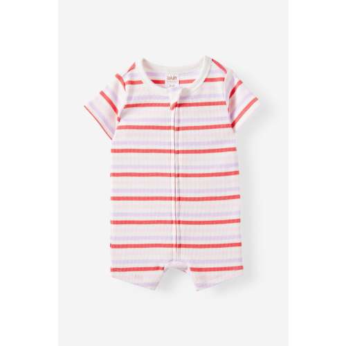 Growie Short Sleeve Zip All In One Romper - Color: vanilla-coral red/bowie stripe 0-3 months