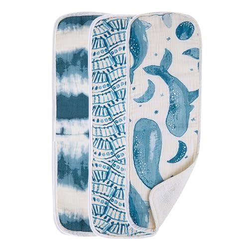 Crane Baby Muslin Burp Cloths, Nautical Theme Whale Design, Baby Boy Essentials, Cotton, Set of 3, 7" x 20" Blue Burp Cloth Set