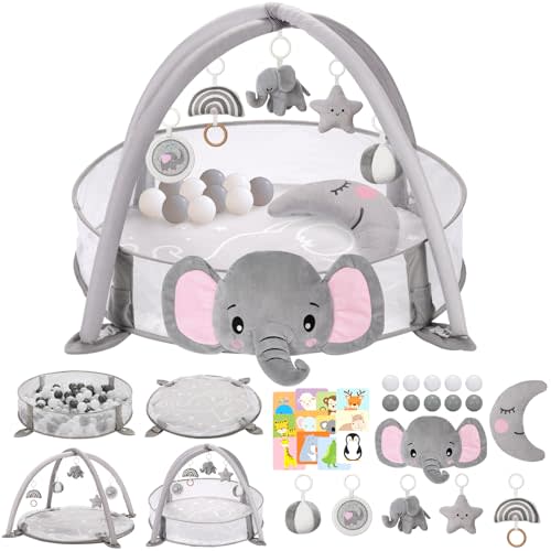 7-in-1 XL Large Baby Play Gym Mat, Tummy Time Mat, Baby Activity Mat, Baby Gym & Ball Pit with Tummy Time Pillow, 10 Balls, Milestone Cards & 5 Detachable Toys Elephant