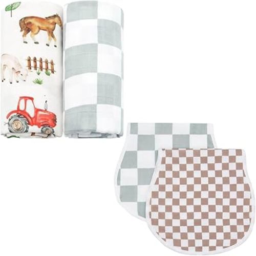 LifeTree Muslin Swaddle Blankets Neutral and Baby Burp Cloths for Newborn Girls Boys, 70% Viscose from Bamboo and 30% Cotton, Farm Animals & Checkered