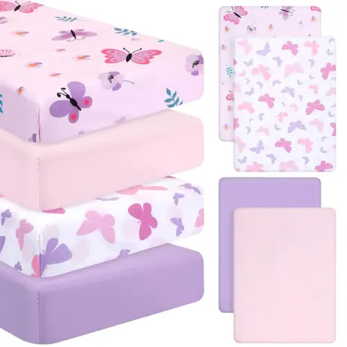 Mixweer 4 Pack Butterfly Baby Crib Sheet Set for Girls Standard Size Crib Toddler Mattresses Soft Breathable Sheets for Baby Gifts Home Nursery Toddler, Pink Purple