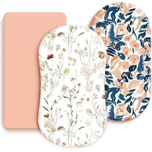 GRSSDER Stretchy Ultra Soft Fitted Bassinet Sheets 3 Pack, Universal Fit for Baby Cradle Moses Basket Oval Rectangle Mattress Safe and Snug, Dream & Blush Flora Stylish Print