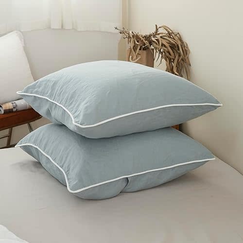 Simple&Opulence 100% Linen Euro Shams with White Trim Edges, 26"x26" Home Decorative Pillow Cover Set of 2, Basic Style Pillow Shams, Dusty Blue