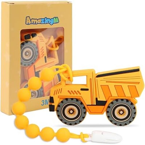 Baby Food Grade Silicone Carrier Vehicle Teether Toy with One Piece Design Pacifier Clip Holder,Teething Pain Relief Toys Gift Set for 3 Months+ Boys and Girls,Freezer Safe,BPA Free. (Dump Truck)