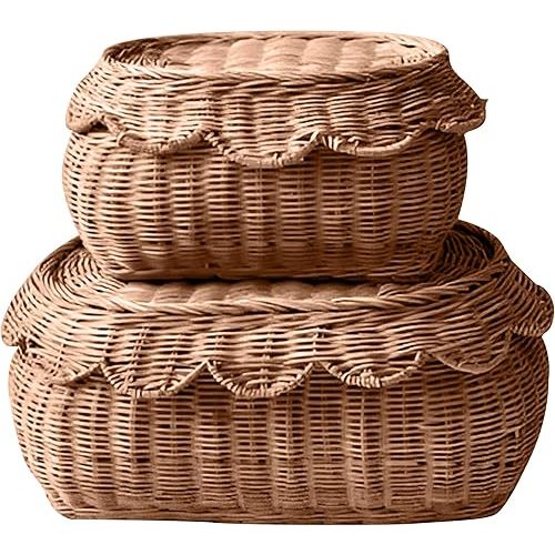 Small Basket Set of 2, Hand Woven Scallop Rattan Baskets - Storage Basket with Lid, Nursery Storage, Scalloped Edge Basket, Scalloped Wicker Basket, Home Decor for any room 15 x 10 x 6