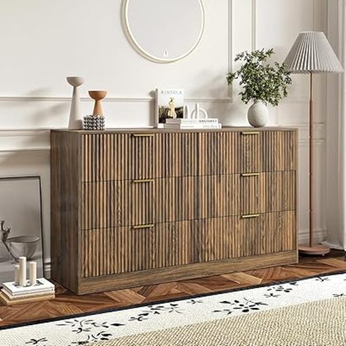 Walnut 6 Drawer Dresser for Bedroom, 55'' Wide Wood Chest of Drawers, Modern Fluted Bedroom Dressers with Drawers, Large Dresser TV Stand Mid Century Double Dresser for Living Room, Hallway