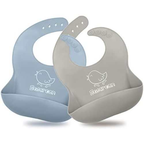 Eascrozn Silicone Baby Bibs for Girl and Boy Set of 2, Silicone Bibs for Babies & Toddlers, Waterproof, BPA Free, Adjustable Soft Toddler Bibs, Feeding Bibs Easy Wipe Clean - Haze Blue& Grey