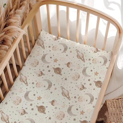 Space Galaxy Planets Crib Sheets, Moon Stars Fitted Crib Sheet for Standard Crib and Stroller Mattress, Unisex Outer Space Planets Print Mattress Sheet for Baby Boys Girls-28 * 52