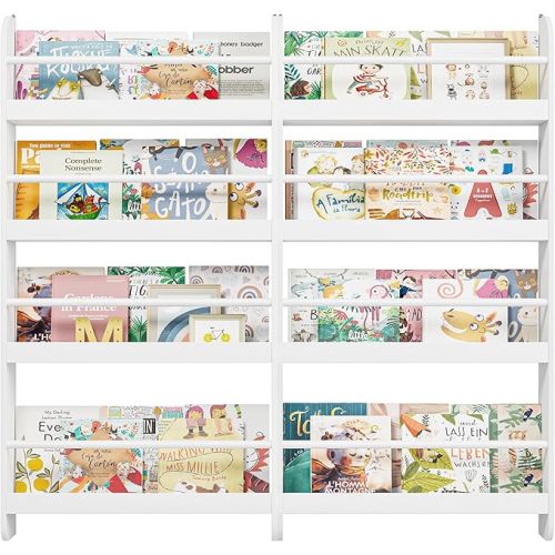 Bookshelf, Wall Mount 4-Tier Book Shelf Organizer for Toys and Books | White