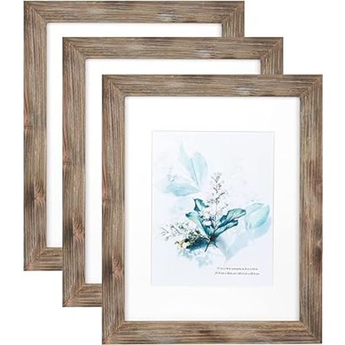 100% Solid Wood Brown 11x14 Picture Frame 3 Pack Display Picture 8x10 with Mat, HD Glass Inside, Rustic Wooden Photo Frames for Wall Mounting