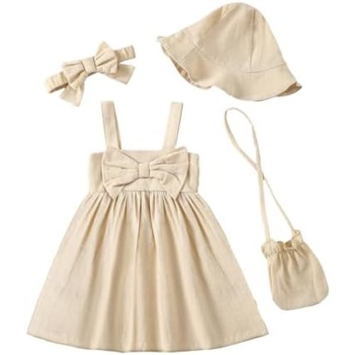 Toddler Girl Summer Dress Infant Baby Girl Casual Clothes Sleeveless Bowknot Beach Sundress with Hat