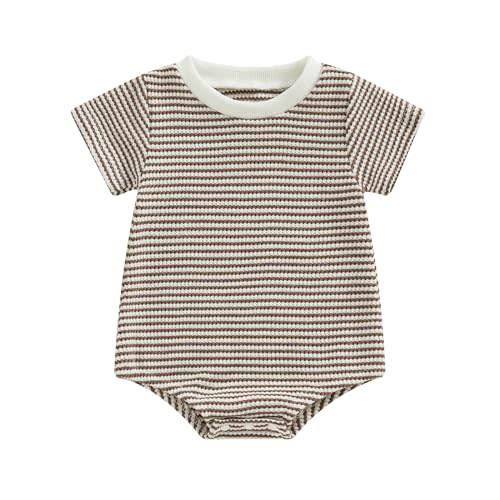 VISGOGO Unisex Baby Boy Girl Striped Romper Waffle Short Sleeve Bubble Oversized Romper Bodysuit Summer Onesie Clothes