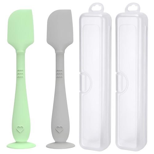 2 Pack Diaper Cream Spatula with Hygienic Travel Case, Butt Spatula Baby with Suction Base, Baby Butt Paste Spatula, Soft Silicone Diaper Rash Cream Applicator Large Size (Green & Gray)