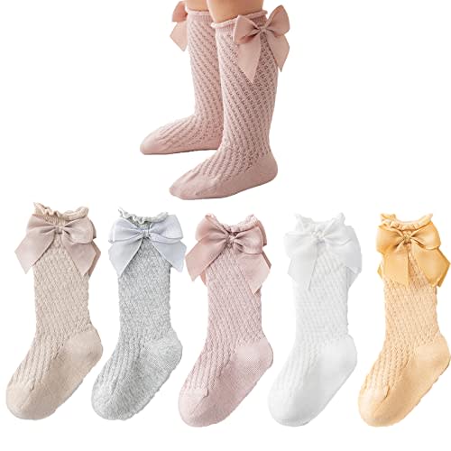 TIBE PINCESS Baby Girls knee high socks Toddler Bow Mesh Breathable Dress Socks Kids Cotton Tube Uniform Stockings