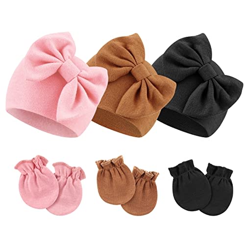 BQUBO Newborn Baby Hospital Hats Beanie Bow Infant Caps Baby Cotton No Scratch Mittens Set for 0-6 Months
