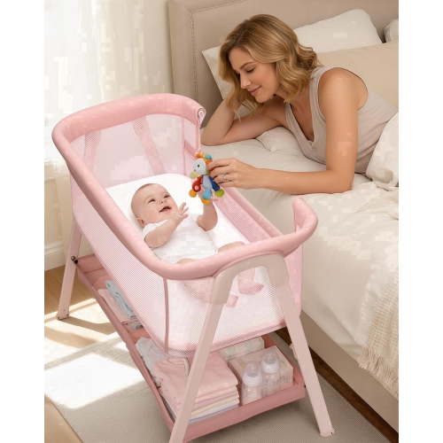 Baby Bassinet, Bedside Bassinet for Baby, Bassinet Bedside Sleeper with Mattress, Storage Basket and 4 Auto-Lock Wheels, Full-Mesh Sides, Bedside Crib for Newborn,Pink