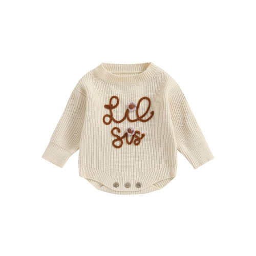 Big Little Sister Matching Romper Sweater, Long Sleeve Crew Neck Letter Embroidery Pattern Infant Winter Warm Knit Jumpsuits