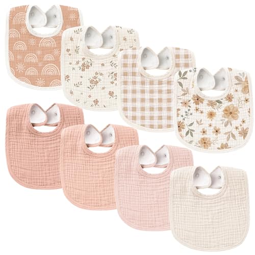 Konssy Muslin Baby Bibs 8 Pack Baby Bandana Drool Bibs Cotton for Unisex Boys Girls, 8 Solid Colors Set for Teething Drooling