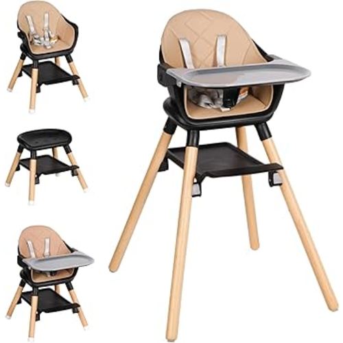 Baby High Chair, 6 in 1 Wooden Convertible High Chairs for Babies and Toddlers, Booster Seat with Double Tray & Reversible Footrest, 5-Point Harness Infants Feeding Seat, Black