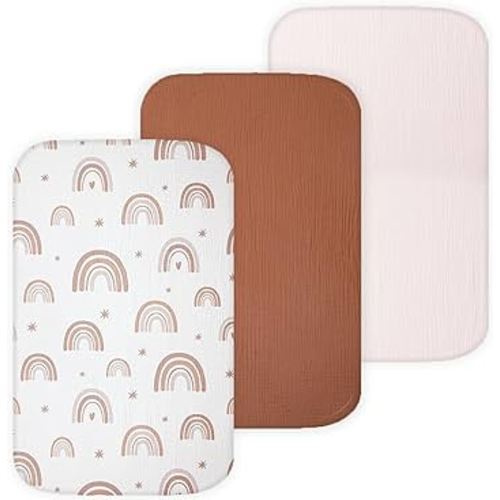 TansyPanda Muslin Bassinet Sheets for Bellababy, Fodoss, KoolerThings, Besrey, Koola Baby Bedside Sleeper, 3 Pack, 20×33 in, Ultra Soft, Breathable, Snug Fit, Unisex Boys and Girls, Brown Rainbow