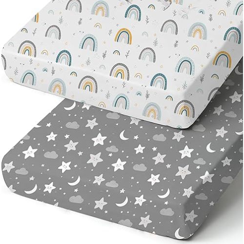 Pack n Play Sheets, BROLEX 2 Pack Mini Crib Sheets,Stretchy Portable Fitted Playard Sheet Set, Convertible Playard Mattress Cover,Ultra Soft Breathable Material,Rainbow Stars