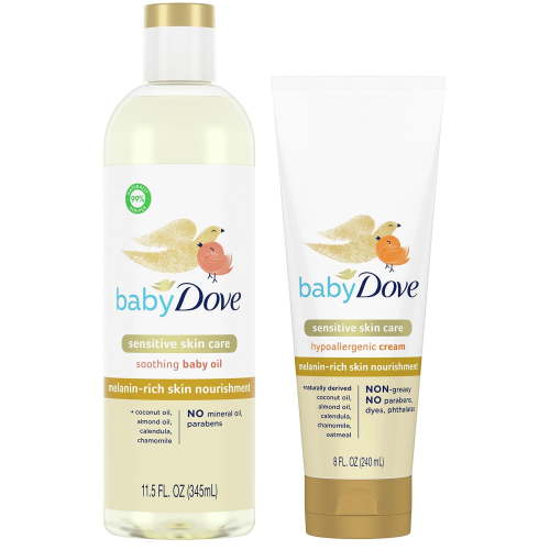 Dove Baby Oil & Baby Lotion, Melanin-Rich Skin Nourishment – Sensitive Skin Care Soothing Baby Oil & Hypoallergenic Cream with Coconut & Sweet Almond Oil, Calendula & Chamomile (2 Piece Set)