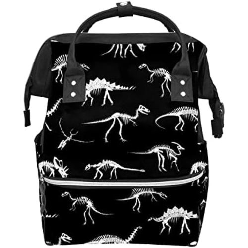Black And White Dinosaur Skeleton Diaper Bag Travel Backpack Large Capacity Multi-Function Zipper Casual Travel Backpacks for Mom Dad Unisex