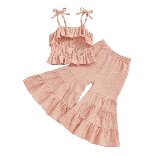 Kavousa Toddler Baby Girl Smocked Outfit Ruffle Halter Shirt Flared Pants Set Toddler Bell Bottom Outfit Summer Clothes