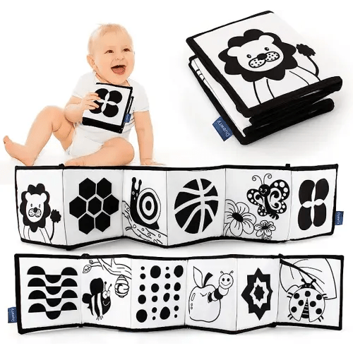 KaPing My First Black and White High Contrast Soft Book , Infant Tummy Time Toys, Black and White Baby Cards, Folding Educational Activity Cloth Book Suitable for Boys Girls Toddler