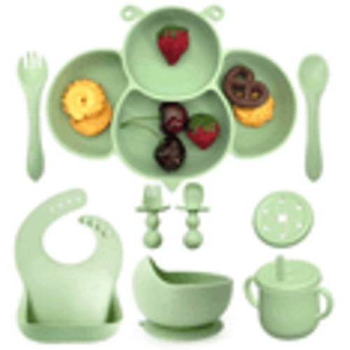 Soft Silicone Baby Feeding Set, Baby Weaning Set, Children's Cutlery Set with Adjustable Bib, Suction Cup Divider Tray, Suction Cup Bowl, Stage 1 and Stage 2 Spoon and Fork (Green)