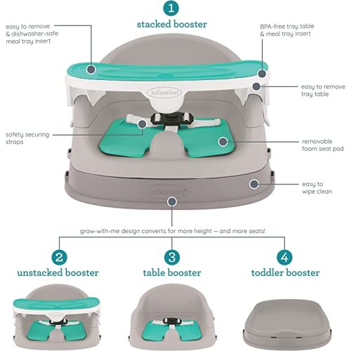 Infantino Grow-with-Me 4-in-1 Two-Can-Dine Deluxe Feeding Booster Seat, Space-Saving Design, Infant Booster for 6M+, Toddler Seat for 3Y+ - Teal
