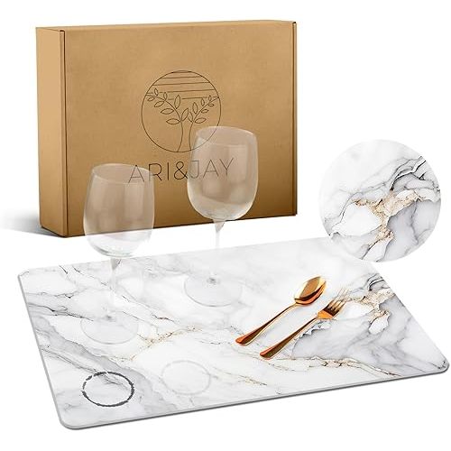 ARI & JAY Stone Drying Mat for Kitchen Counter, Quick Drying Diatomaceous Dish Mat, Large Water Absorbing Stone Dish Tray, Non-Slip Kitchen Sink Board for Dishes, Marble Finish,15.75"(L) x 11.81"(W)