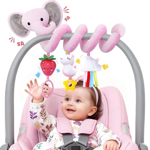 Spiral Car Seat Toys for Baby Girls 0-6 Months, Cute Pink Elephant Strawberry Stuff, Perfect Newborn Shower Gifts for Girls Essentials
