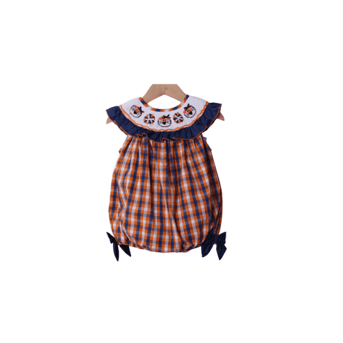 Smocked Tigers Navy/Orange Gingham Bubble