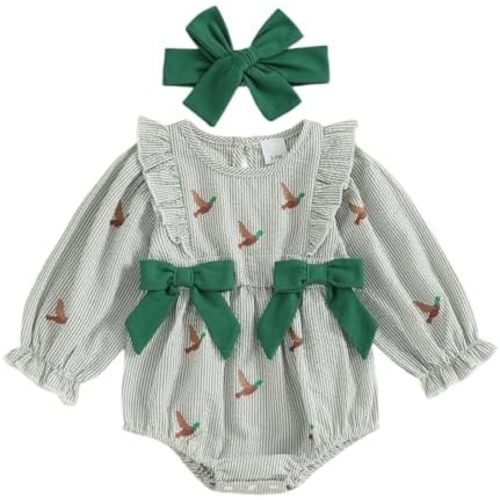 Newborn Baby Girls Duck Fall Clothes Striped Duck Embroidery Ruffled Long Sleeve Bubble Romper with Headband Set