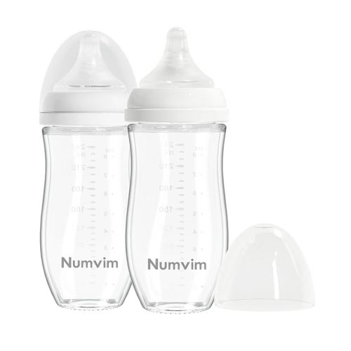 Glass Nurturing Baby Bottle for Breastfeeding Babies, Baby Essentials, Gentle Medium Flow, Wide Neck Bottle with Anti Colic Nipple for 3 Months Babies, Includes M Nipples (8Oz, 2 Packs)