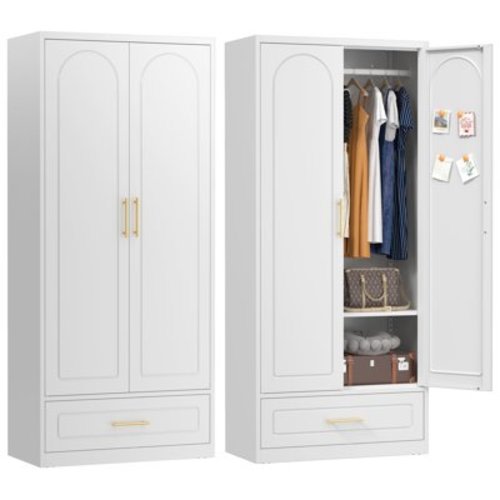 Polup 71" H White Metal Wardrobe Closet,Armoires with Storage Drawers and Hanging Rod for Bedroom